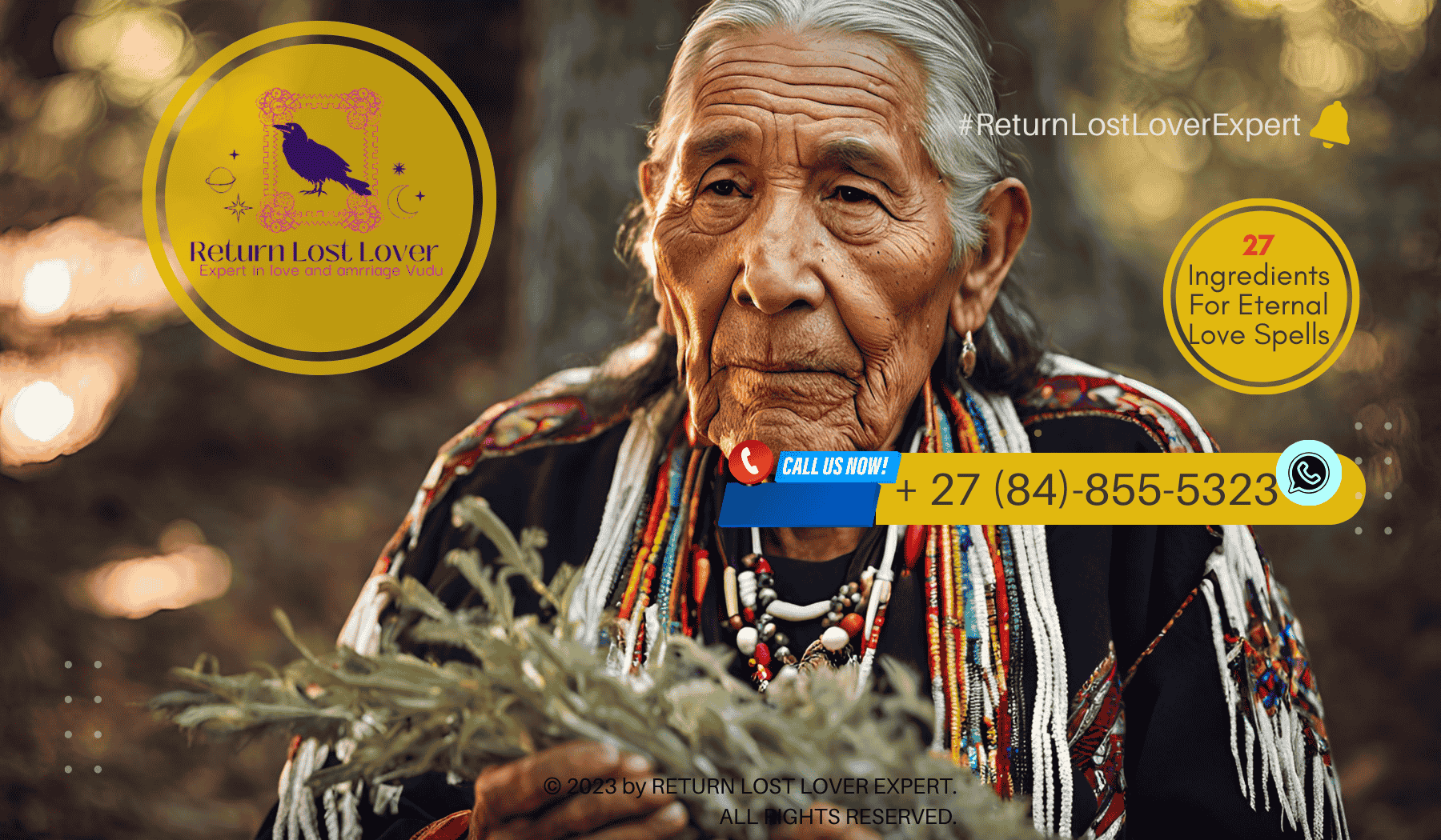Native American elder, dressed in traditional attire, holds a bundle of sage above a small, crackling fire