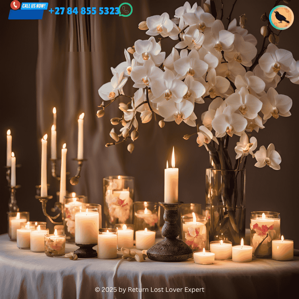 A beautifully arranged love spell altar featuring candles, crystals, and rose petals.