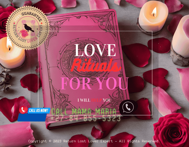 A beautifully decorated love spell journal with pink and red pages surrounded by candles and rose petals.