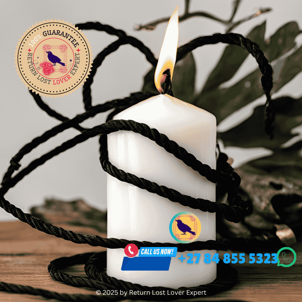A black cord tied in a knot beside a white candle, symbolizing a protective binding spell. (3)