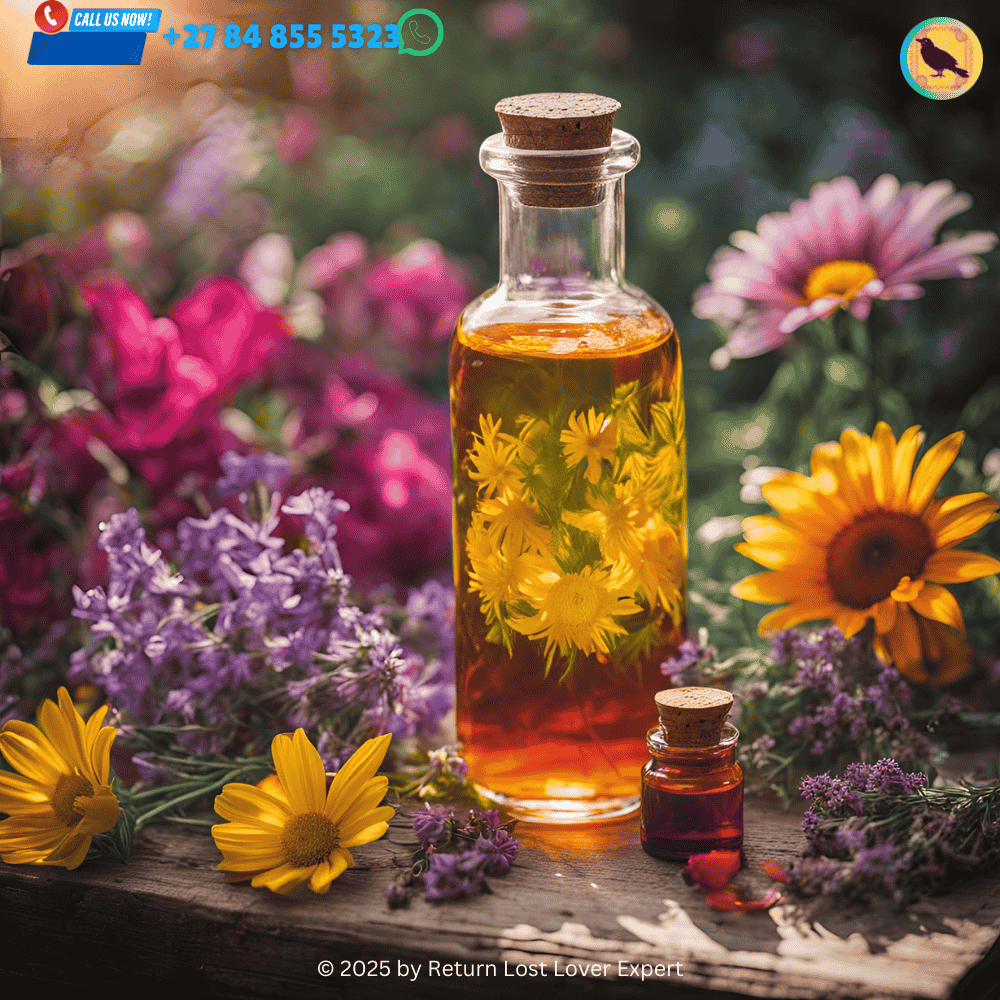 Bottles of rose and ylang ylang oils with dried flowers for love magic.