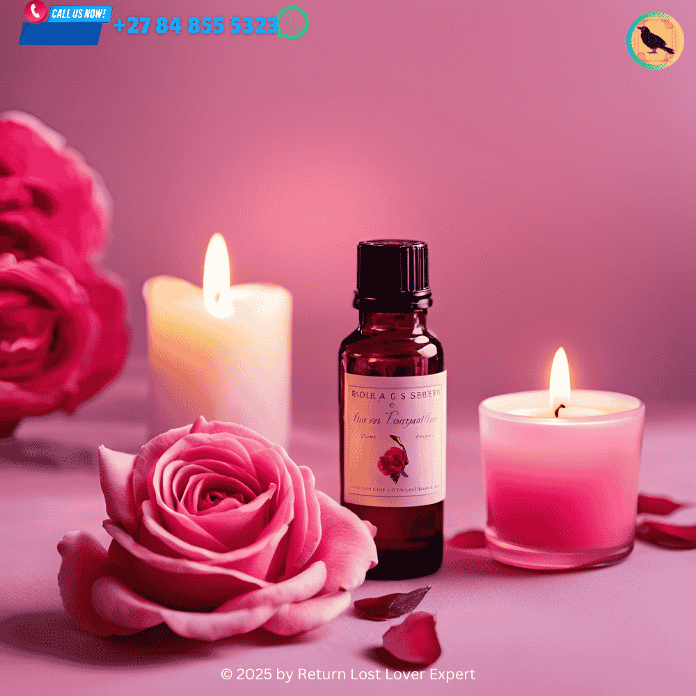 A bottle of rose essential oil next to a lit pink candle, used in a love spell. (1)