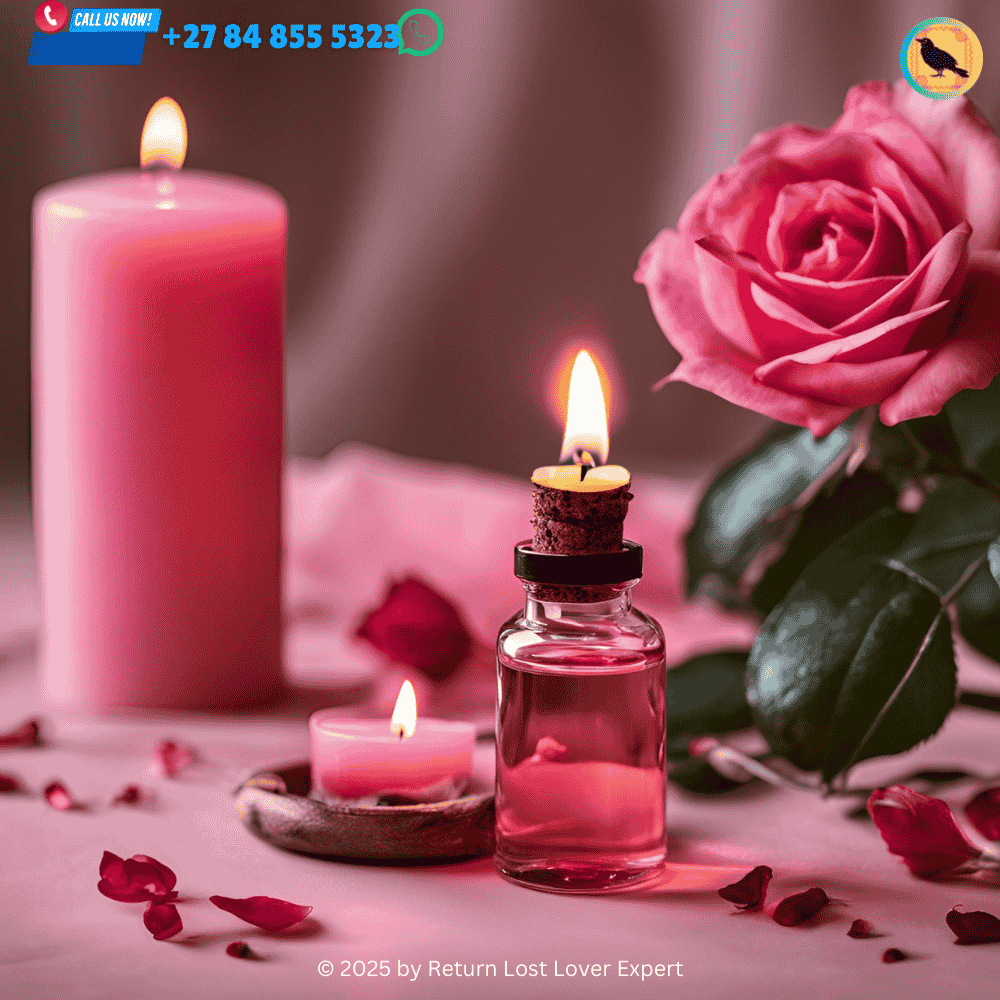 A bottle of rose essential oil next to a lit pink candle, used in a love spell.