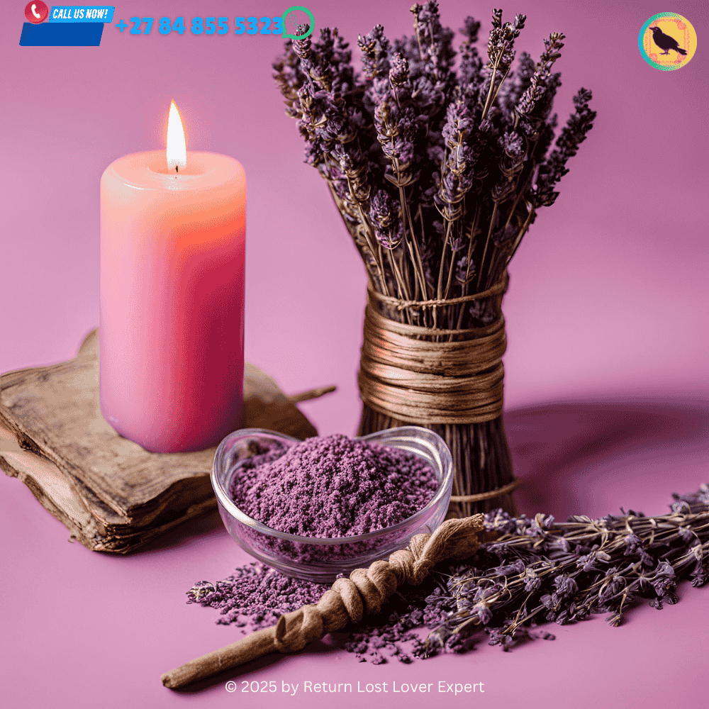 A bundle of dried lavender and a pink candle used in a love spell ritual. (1)