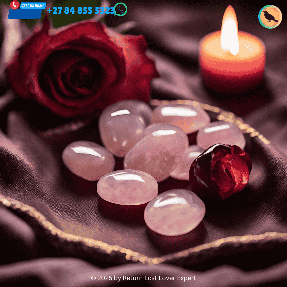 A close-up of rose quartz and garnet stones used in a love spell ritual. (1) (1)