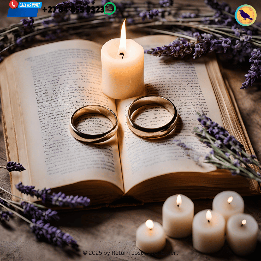 A close-up of two intertwined wedding rings placed on a spell book, with white candles and lavender sprigs, representing the use of eternal love spells to strengthen a marriage.