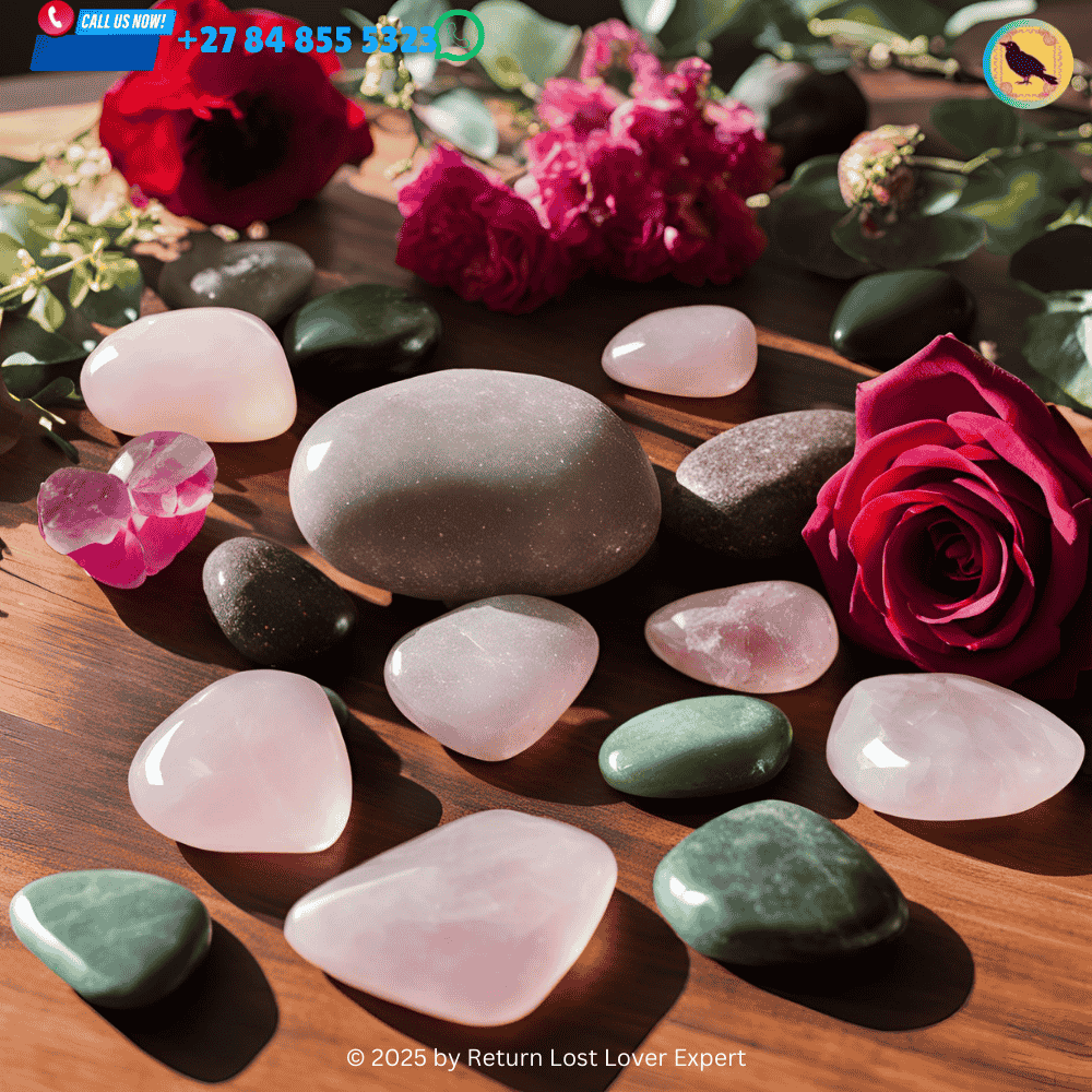 A collection of love spell stones including rose quartz, garnet, and jade, surrounded by flowers.