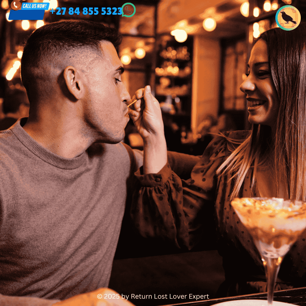 A couple sharing a dessert drizzled with honey, prepared with magical intention to strengthen their bond.