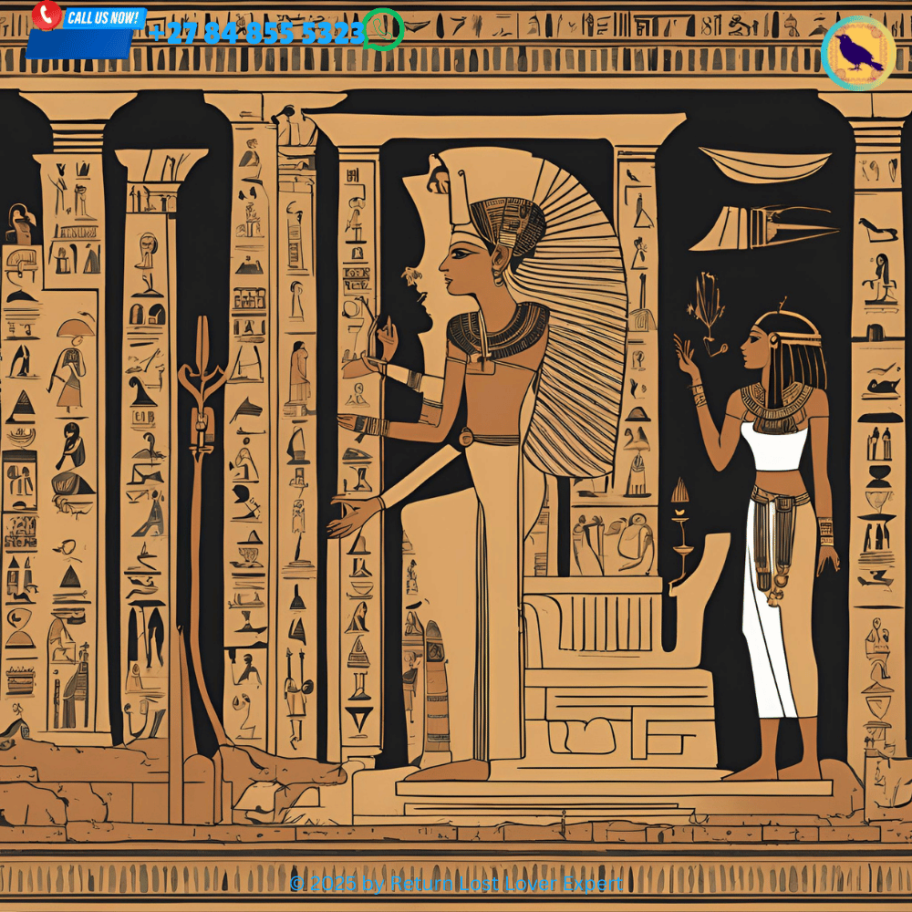 A depiction of an ancient Egyptian priestess performing a love spell in a temple, with hieroglyphs in the background. (1)