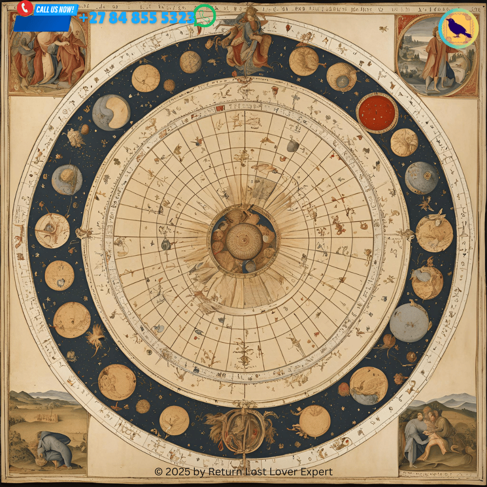 A detailed astrological chart used in Renaissance love magic, with celestial symbols and planetary alignments (1)