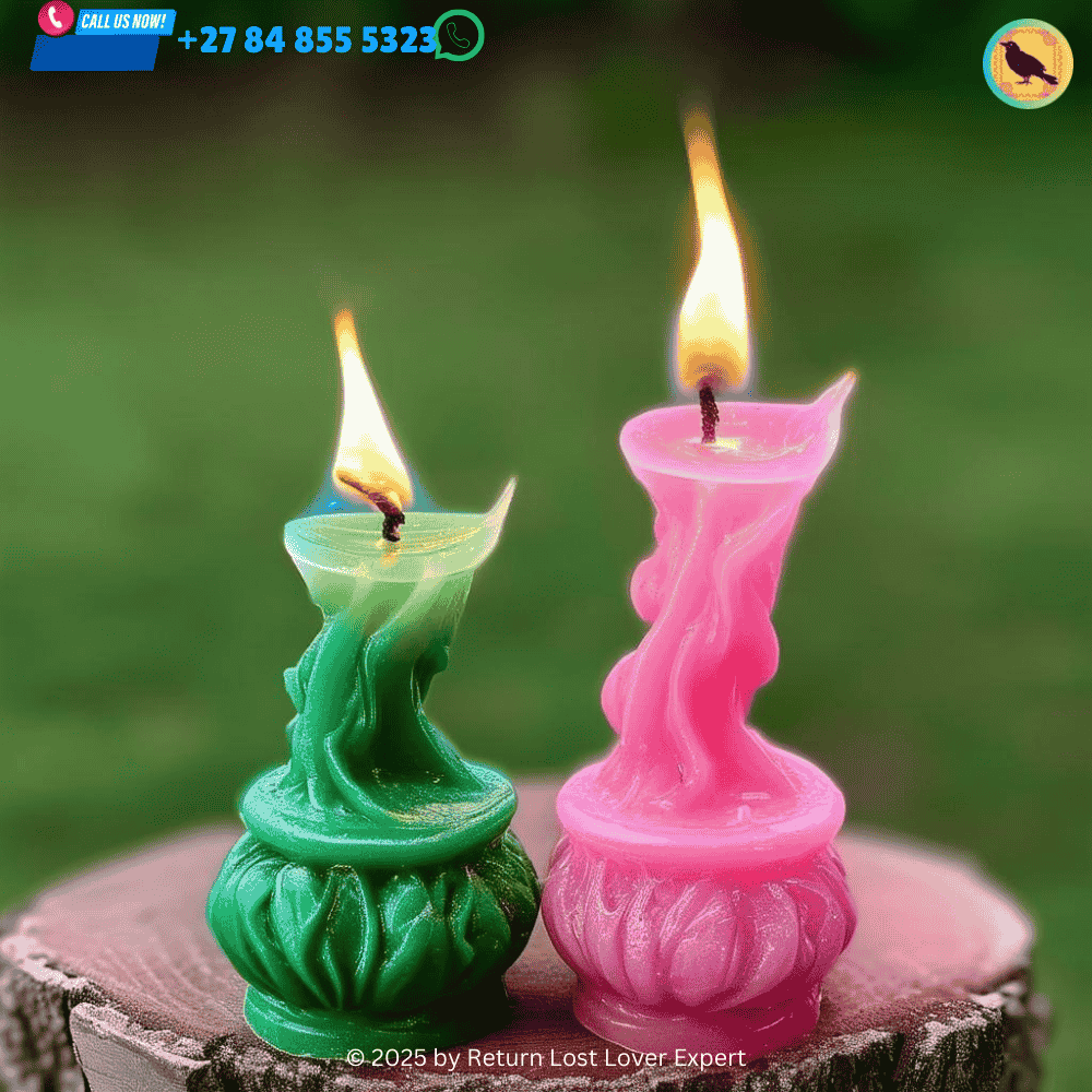 A green and pink candle burning together, symbolizing fertility and love in a spell ritual-1 (1)