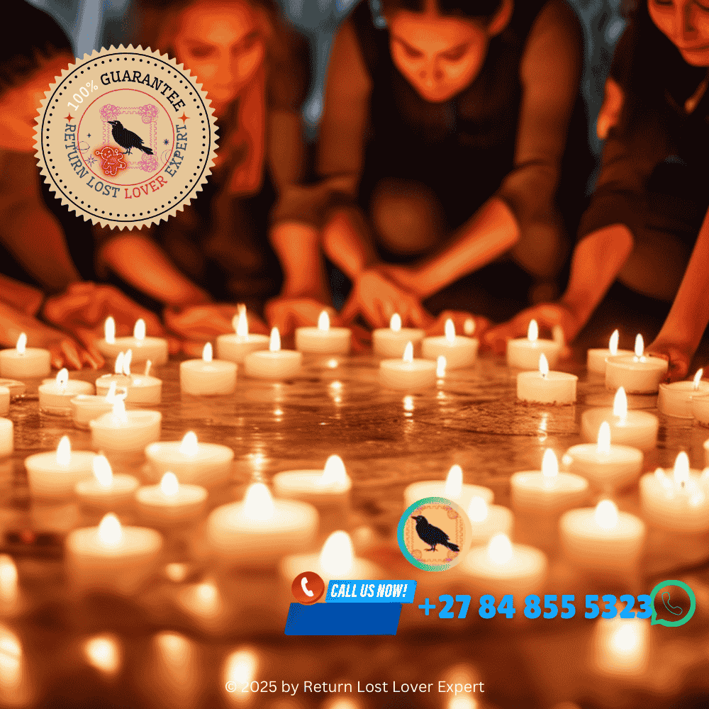 A group of practitioners gathered around a circle of candles, representing community and unity in love spells. (1)