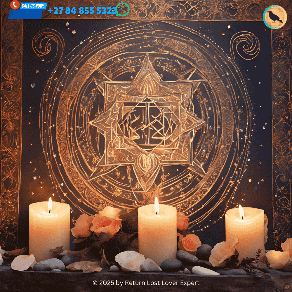 A hand-drawn sigil for attracting love placed on an altar with crystals and candles.