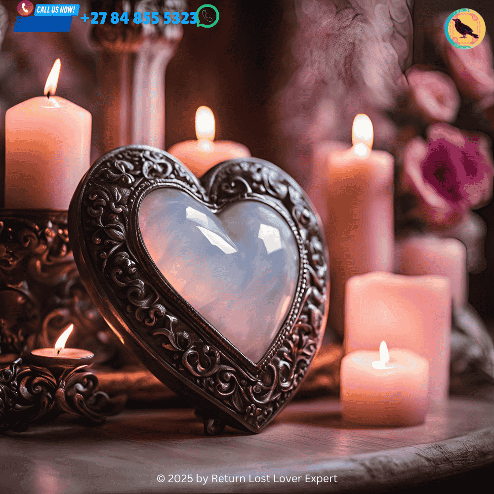 A heart-shaped moonstone placed on an altar surrounded by pink candles. (1)