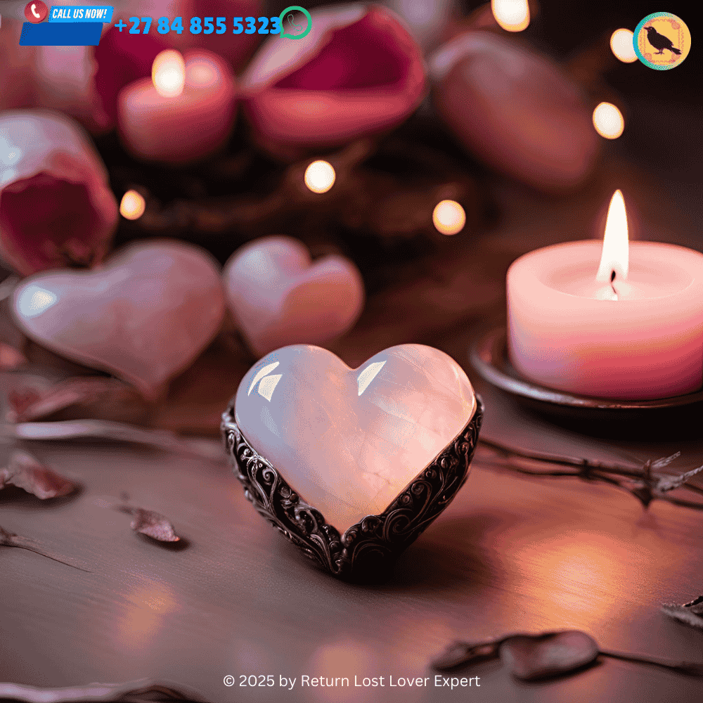 A heart-shaped moonstone placed on an altar surrounded by pink candles. (2)
