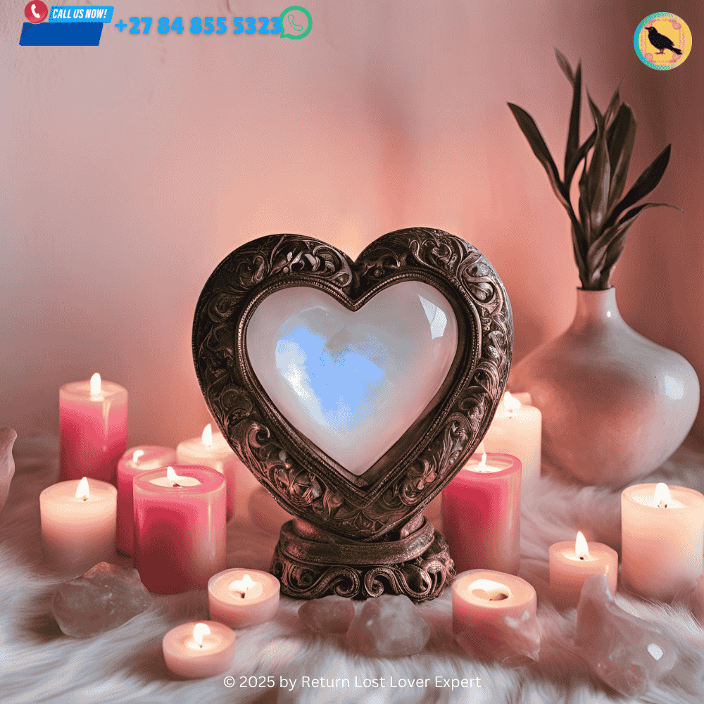 Heart-shaped amulets and moonstone pendants arranged on a love spell altar.