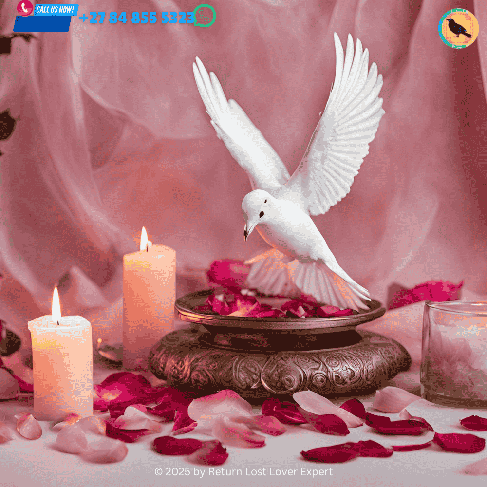 A love altar adorned with dove feathers, rose petals, and a burning pink candle for a peace and romance spell. (4)