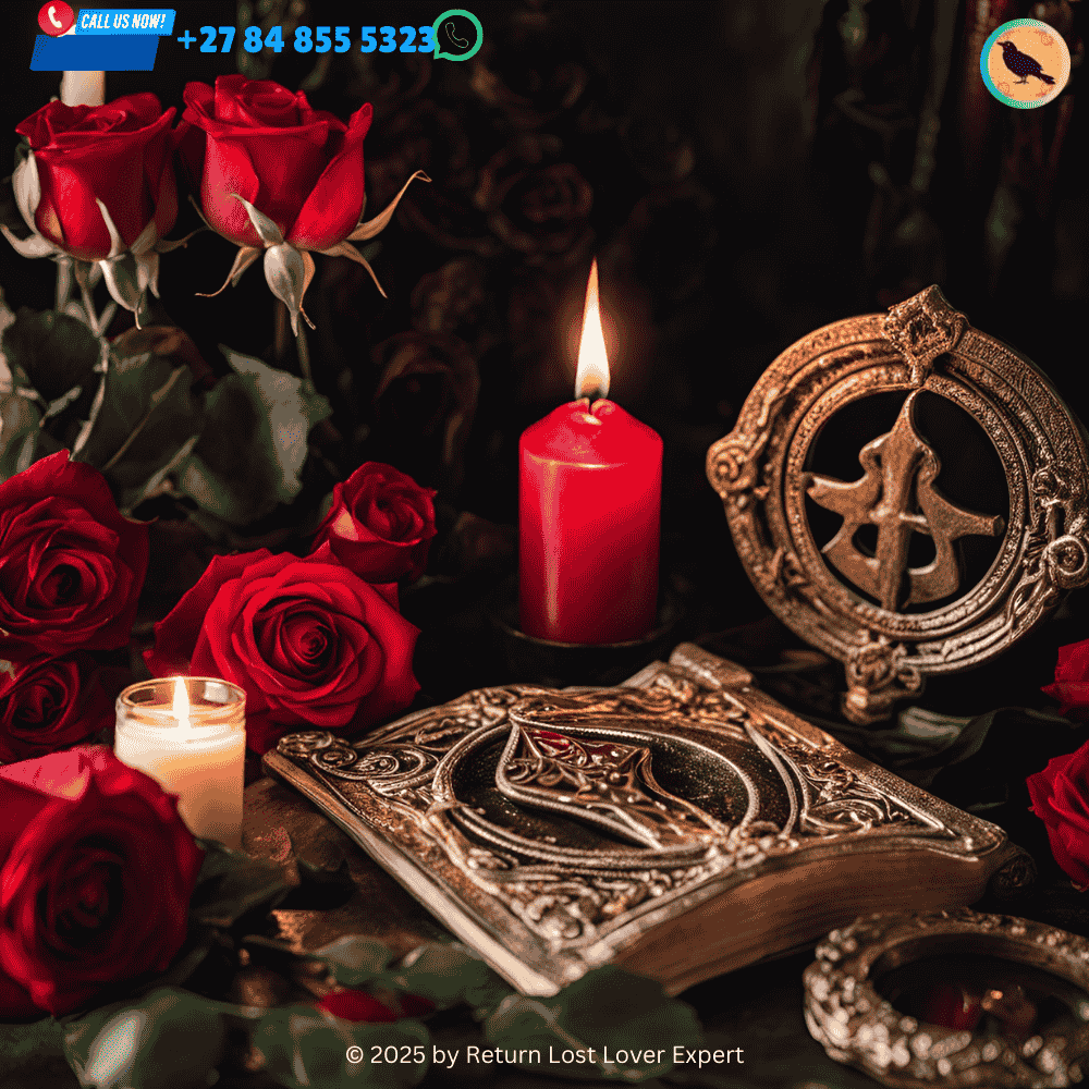 A love altar featuring an athame, red candle, and roses, ready for a binding spell to strengthen a relationship.