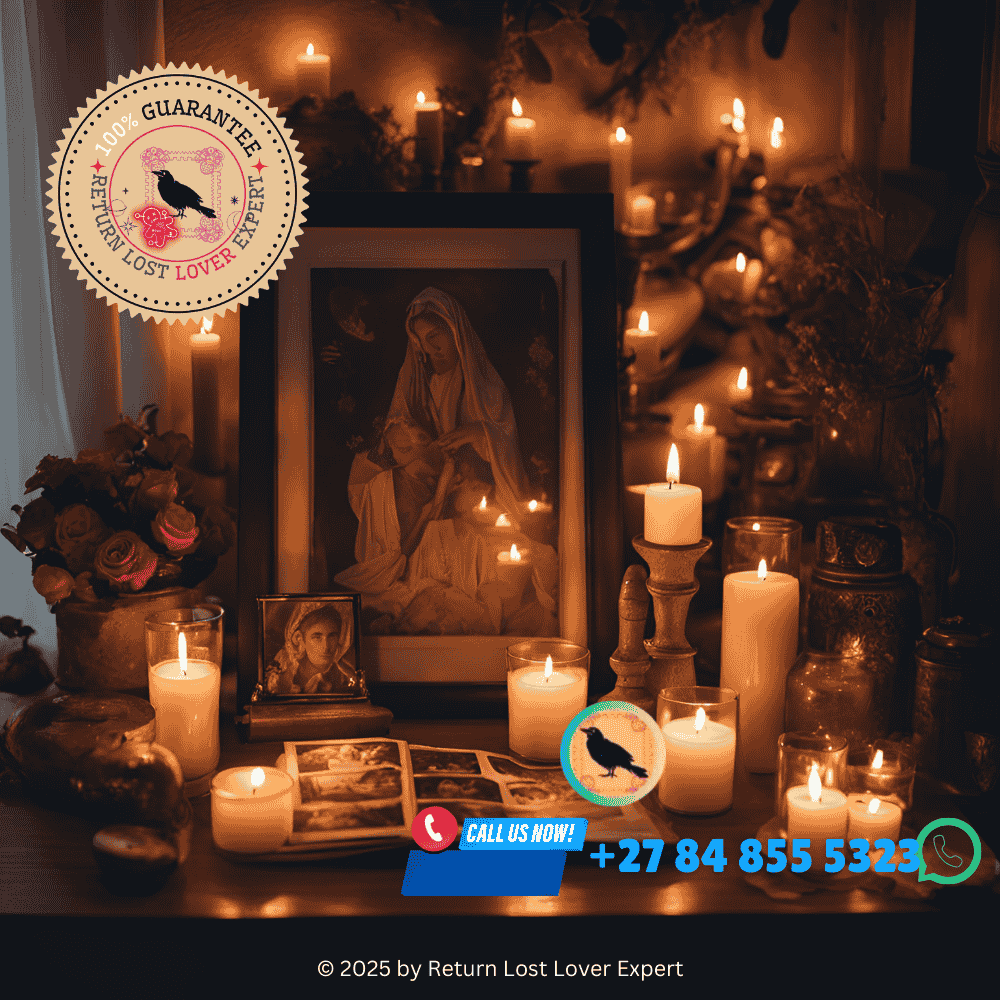 A love altar featuring candles, photos, and meaningful objects, emphasizing partnership in spellcasting. (2)