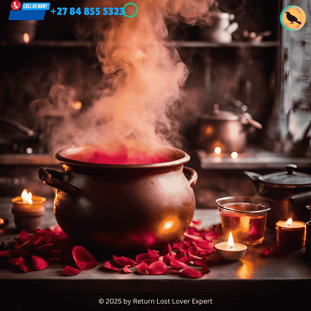 A love potion made with rose petals, honey, and cinnamon simmering in a cauldron.