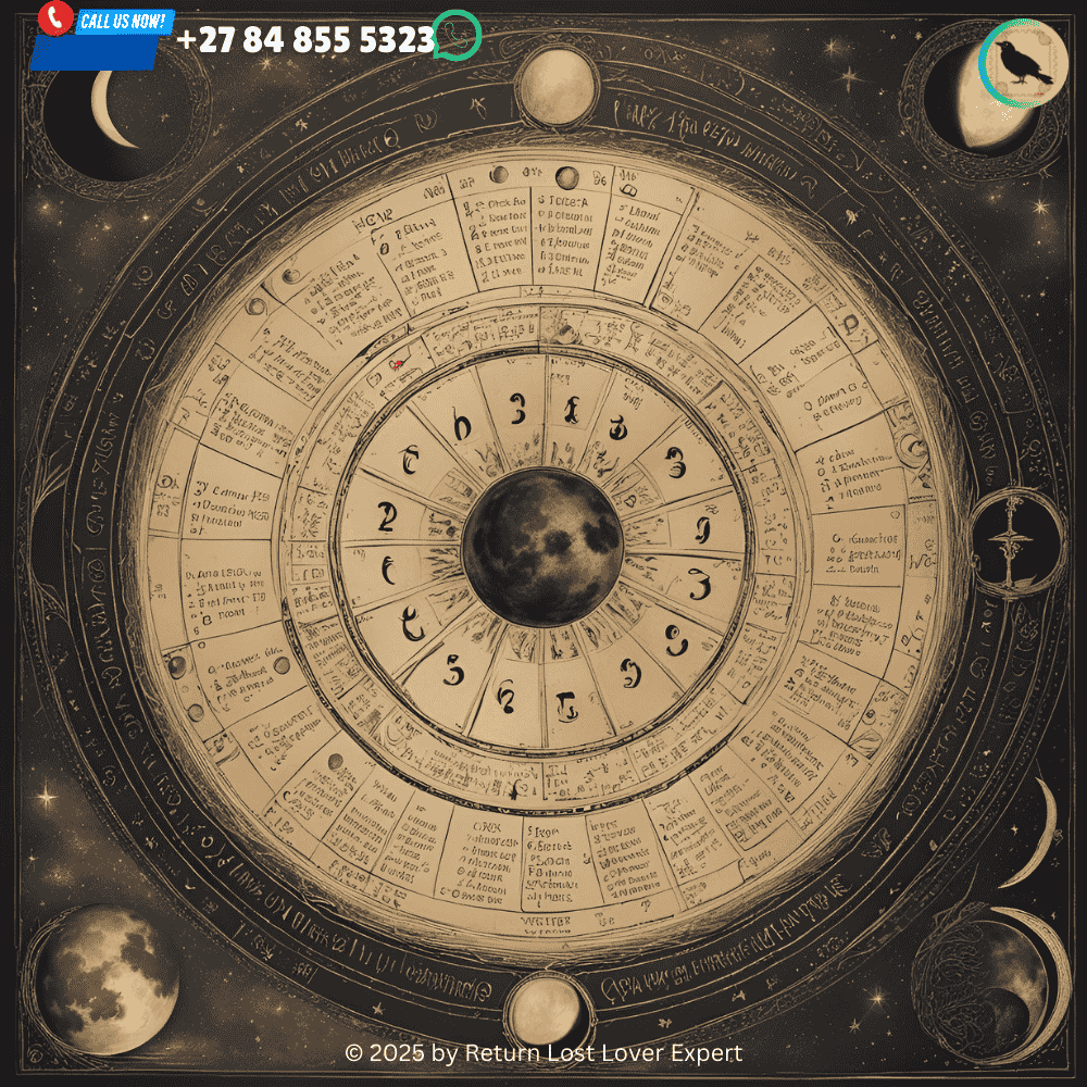 A lunar calendar showing the moon phases, with specific phases highlighted for love spells.