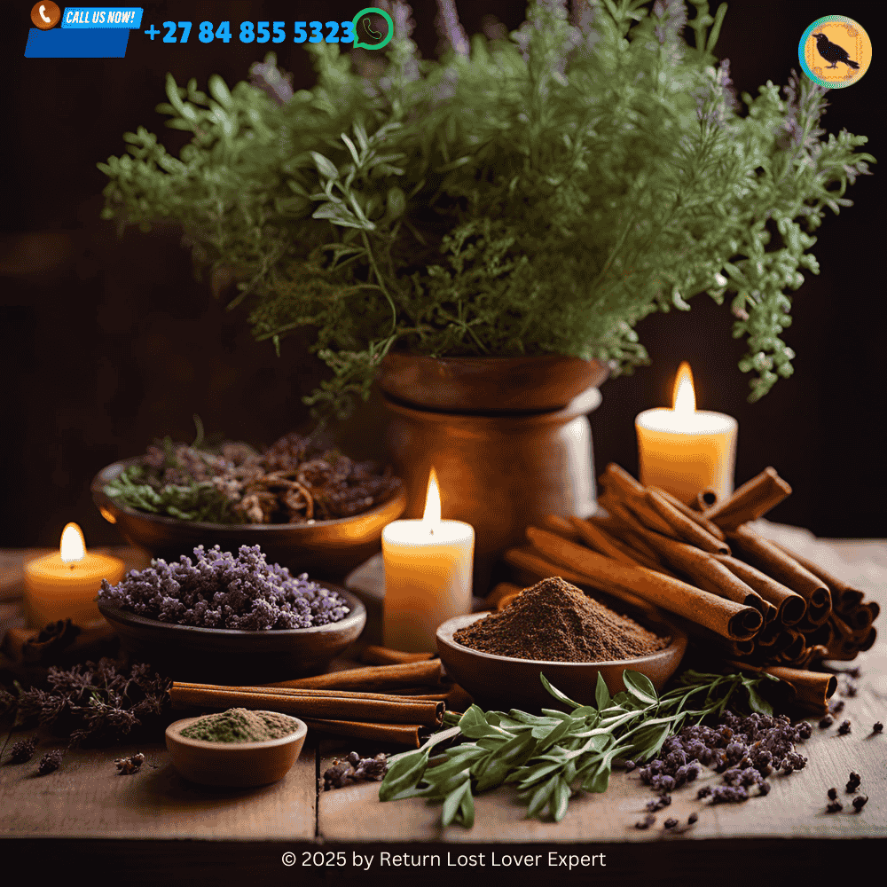 A variety of tools and herbs used by a love spell caster to attract love and reunite lovers, common in South African spiritual practices.