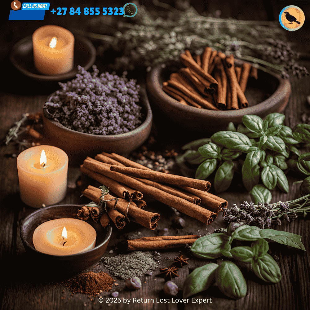 A mix of herbs including cinnamon, basil, and lavender arranged for a romantic love spell. (4)