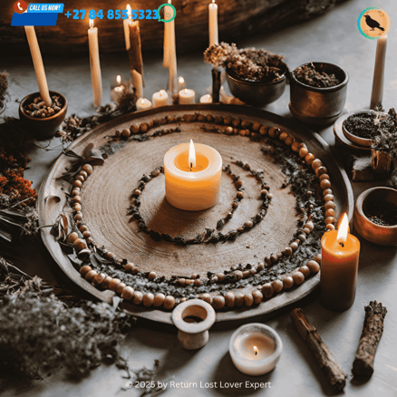 A modern Wiccan love spell setup with rose quartz, lavender, and candles, illustrating the use of natural and ethical ingredients in contemporary love magic. (1)