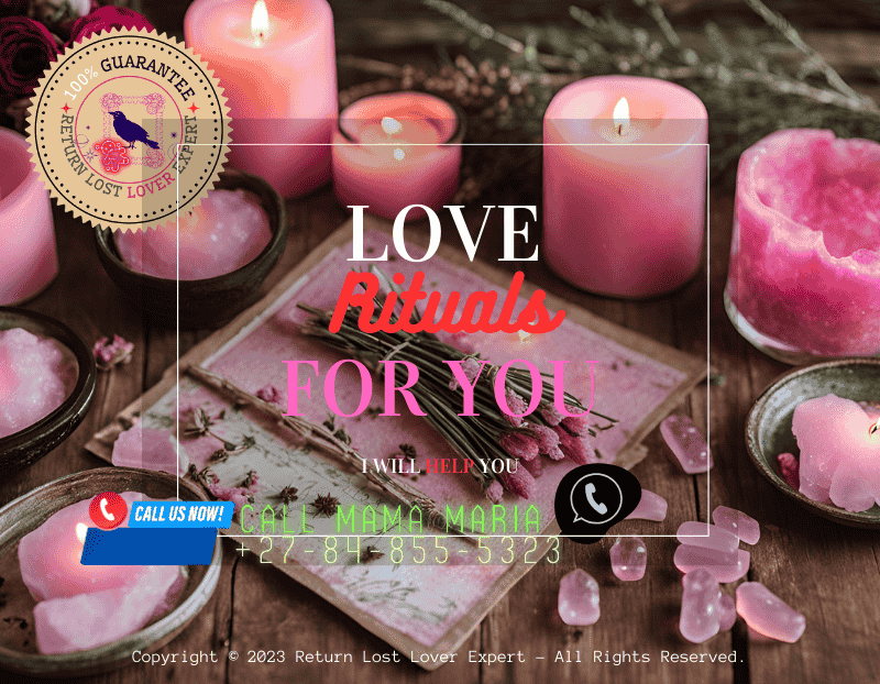 A pink candle burning on an altar surrounded by flowers, herbs, and a handwritten love spell.