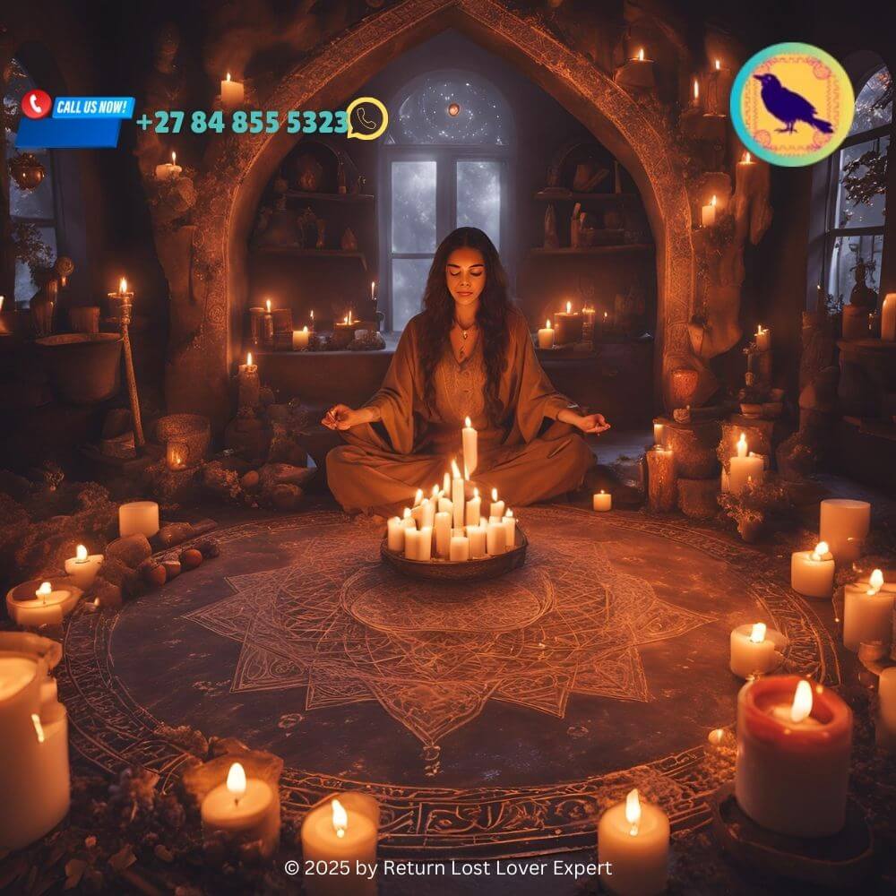 A mystical scene with a person casting a love spell in a sacred space, surrounded by candles and spiritual symbols, representing the ritualistic elements of eternal love spells (1)