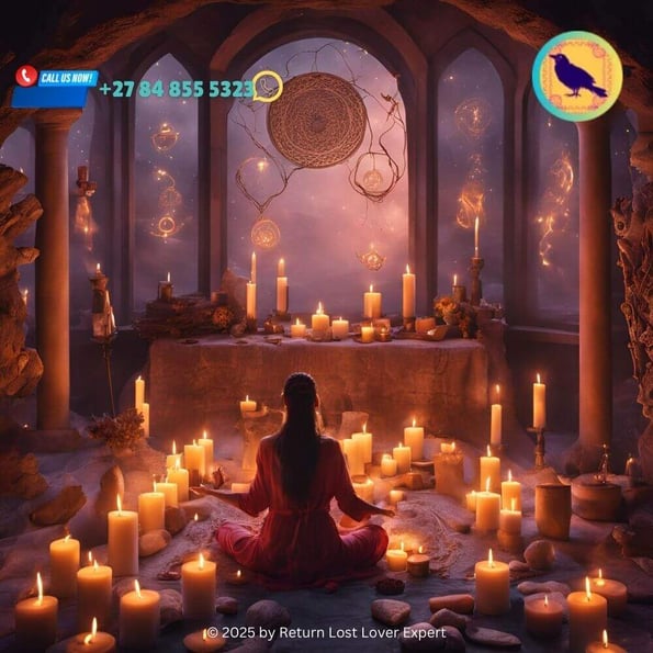 A mystical scene with a person casting a love spell in a sacred space, surrounded by candles and spiritual symbols, representing the ritualistic elements of eternal love spells (2) (1)