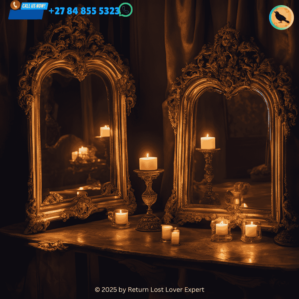 A pair of mirrors reflecting each other, symbolizing a binding love spell between two partners