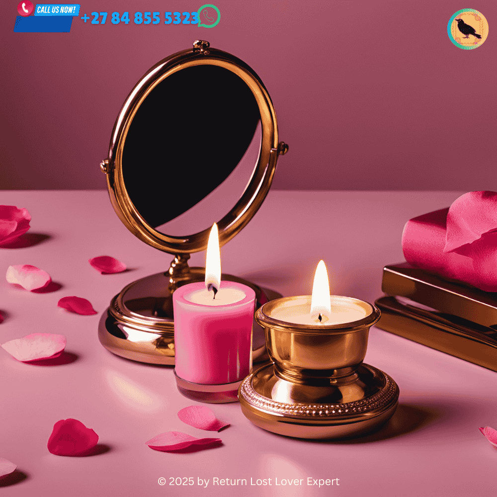 A pink candle burning beside a compact mirror used for attracting love and boosting self-confidence.