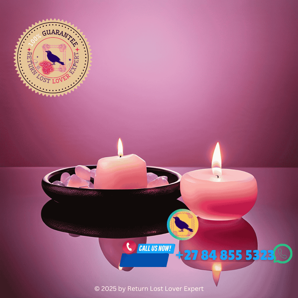 A pink candle burning beside rose quartz and a bowl of water, symbolizing universal love and harmony. (2)