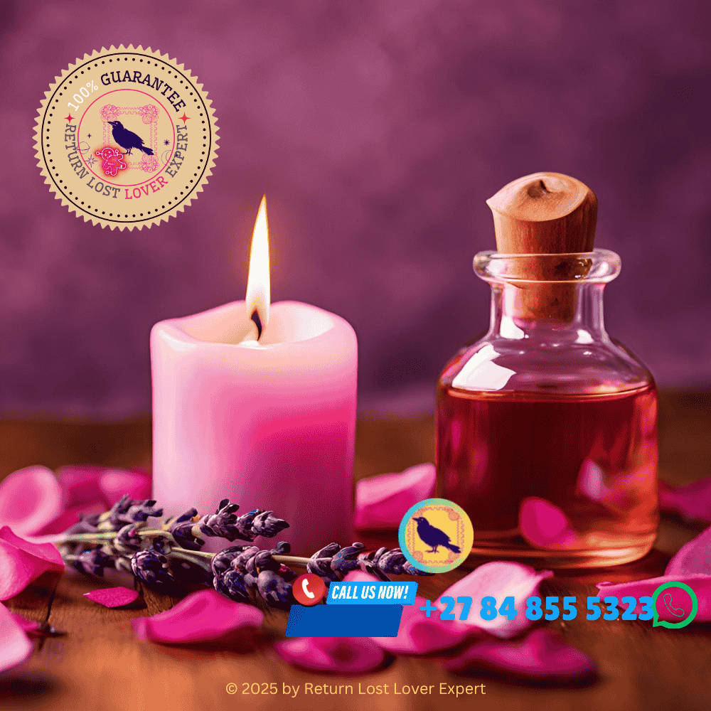 A pink candle surrounded by rose and jasmine incense sticks in a love spell ritual.
