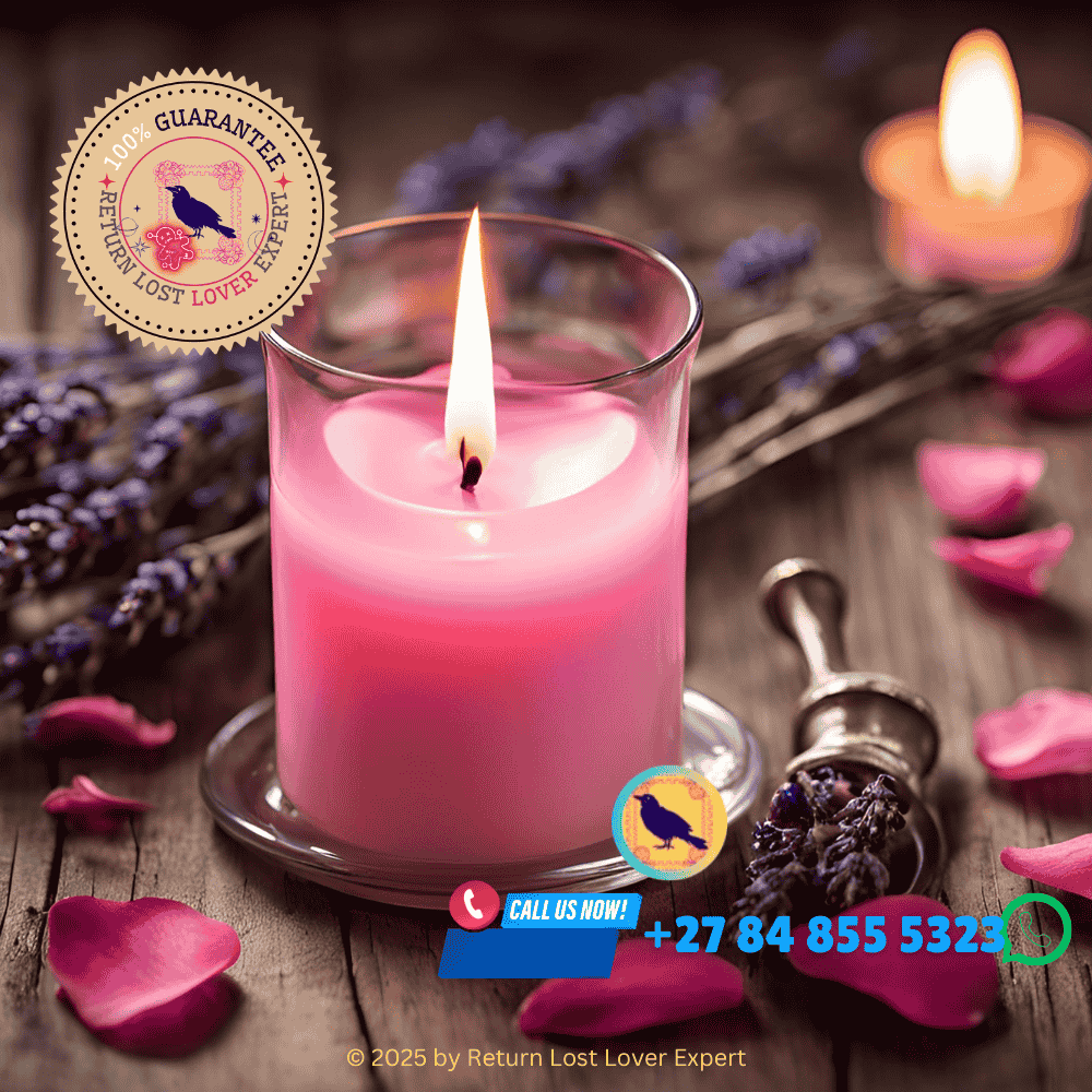 A pink candle surrounded by rose petals and lavender oil, symbolizing balanced love spells. (2)