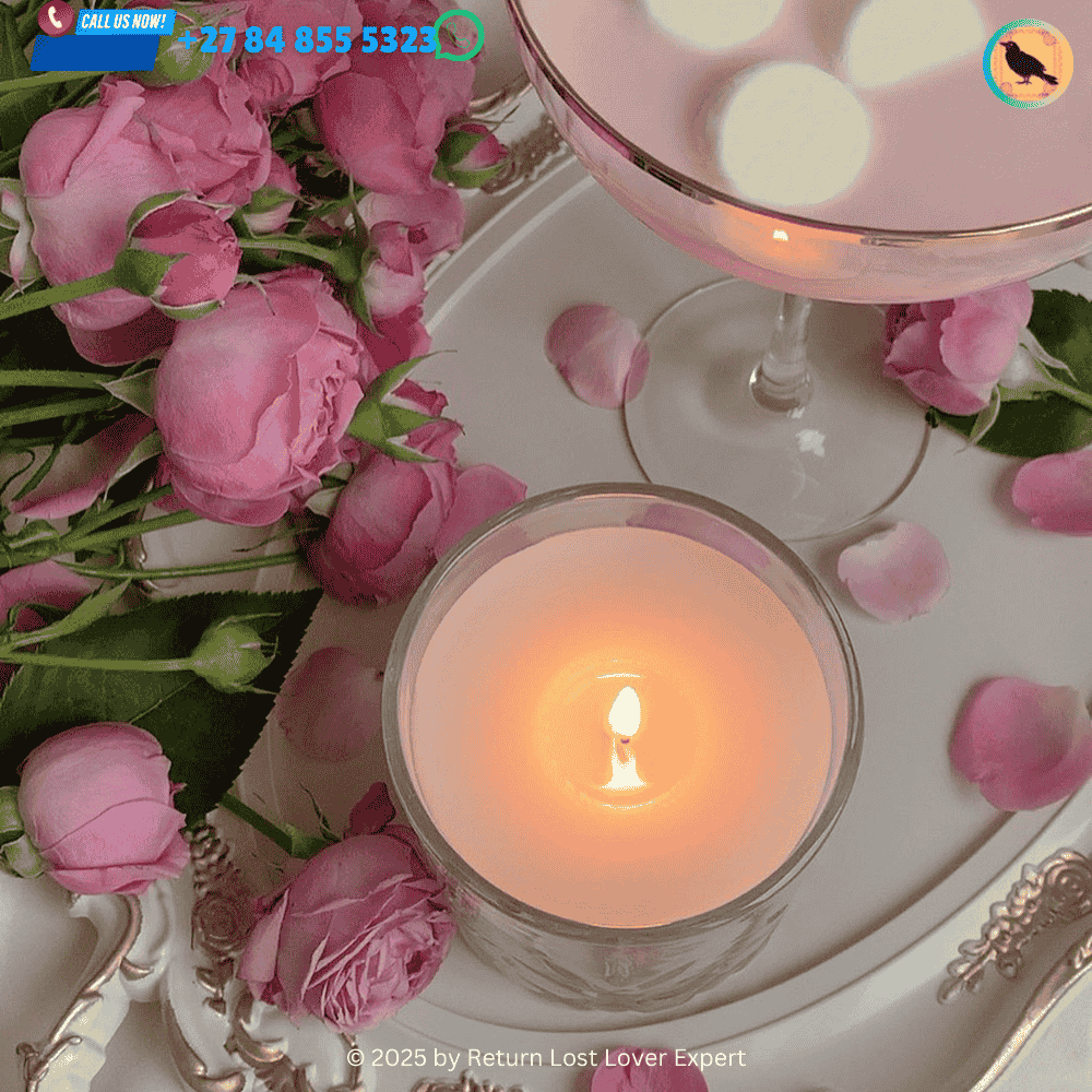 A pink candle surrounded by rose petals, symbolizing an attraction love spell in progress.