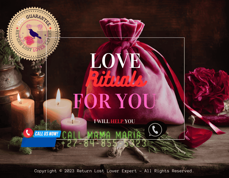 A pink velvet love spell bag tied with a red ribbon, surrounded by herbs and candles. (1)