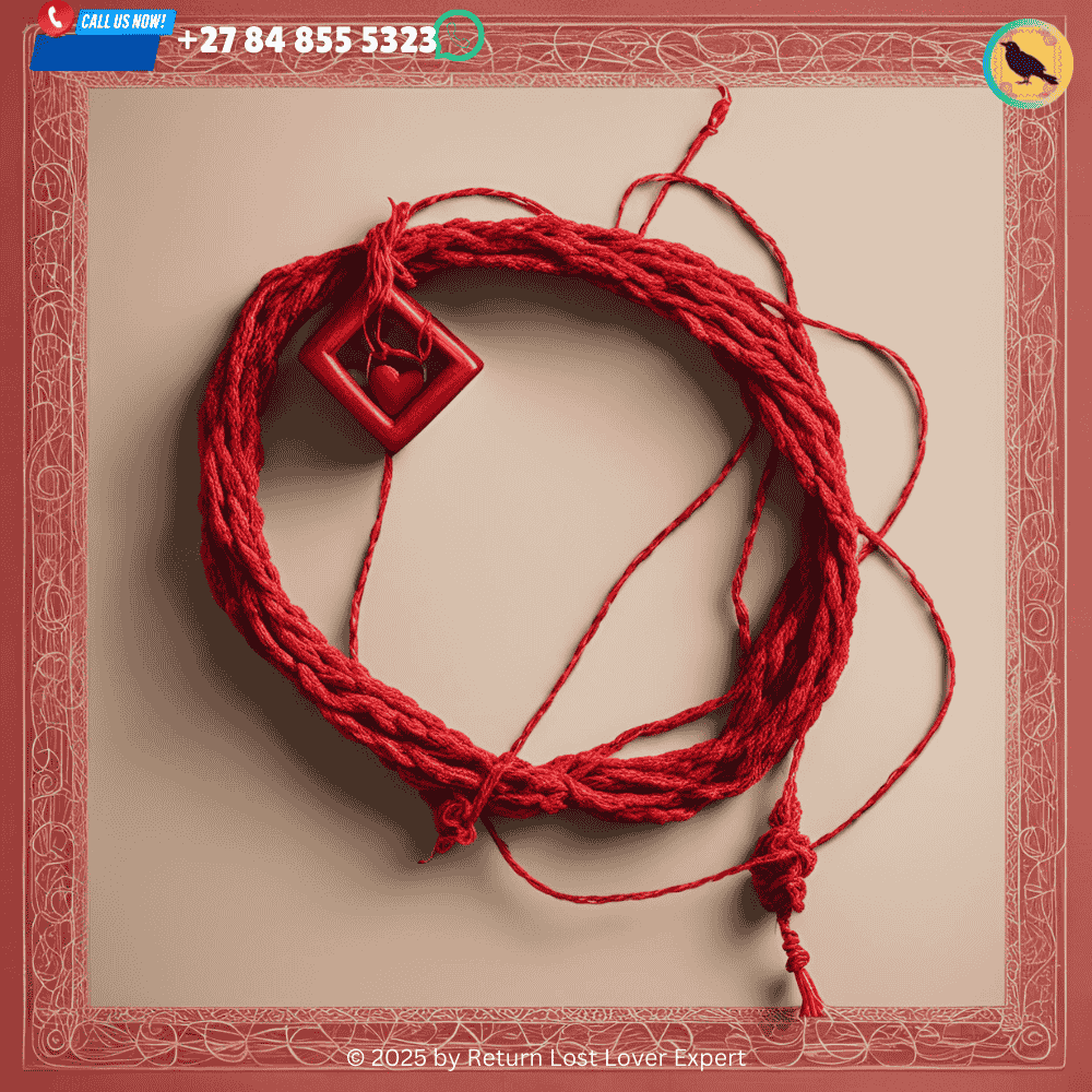 A red string tied around two personal items as part of a binding love spell ritual. (1)