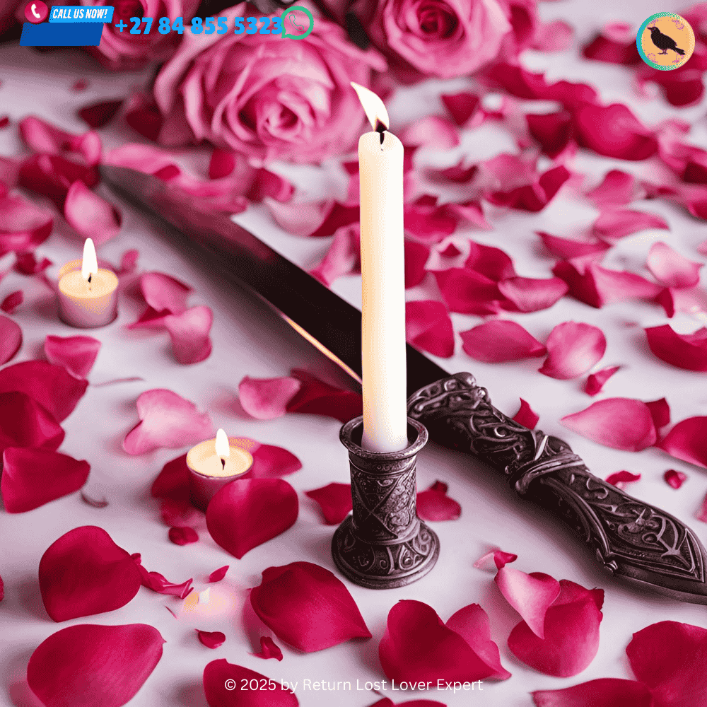 A ritual athame used to carve love symbols into a candle, surrounded by rose petals and a pink ribbon.