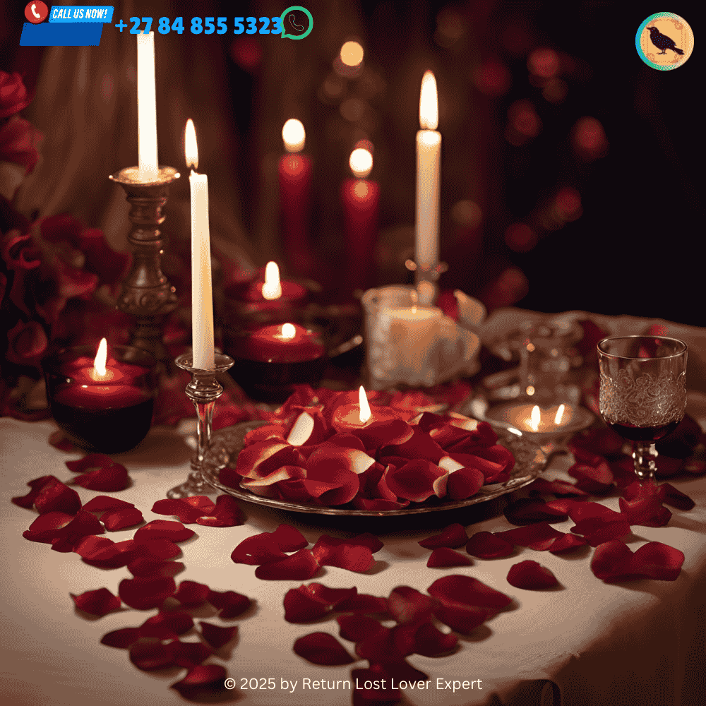 a person surrounded by candles, crystals, and various herbs like rose petals and lavender, focusing intently on casting a love spell with a written charm in hand.