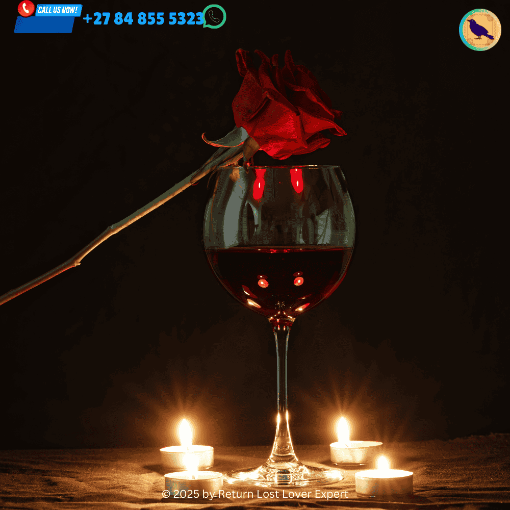 A romantic meal with rose petals, apples, and a glass of red wine used in a love spell.