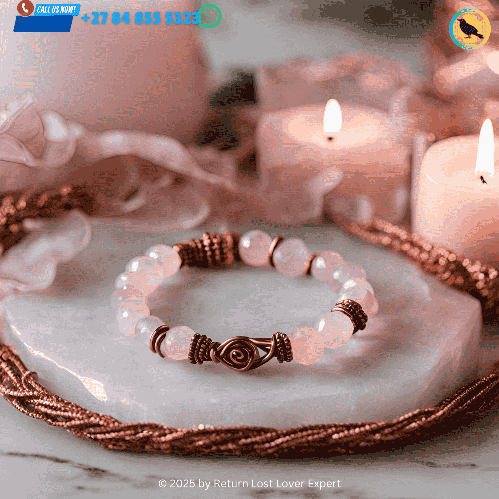 A rose quartz crystal and copper bracelet placed on a love altar with a burning pink candle. (1)