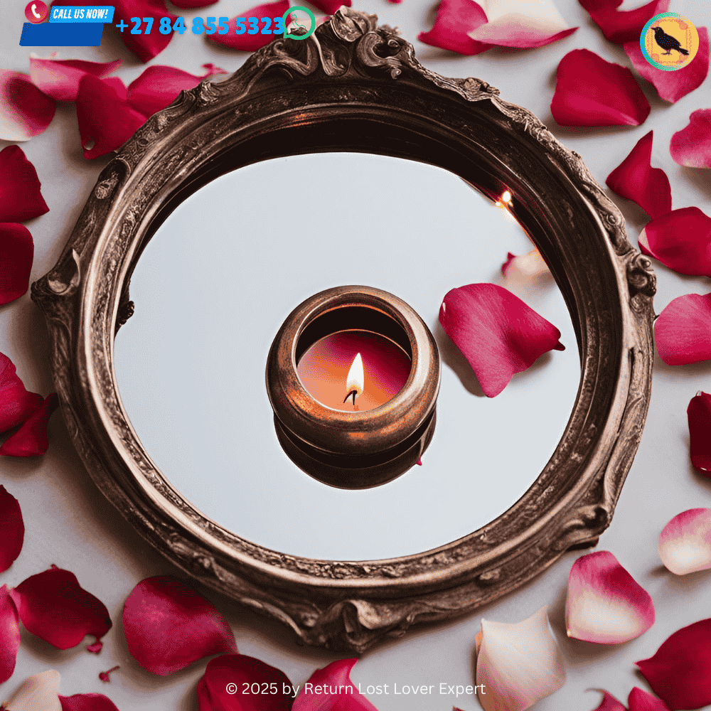 A small round mirror on a love altar surrounded by rose petals, candles, and parchment paper used in a love spell. (2)