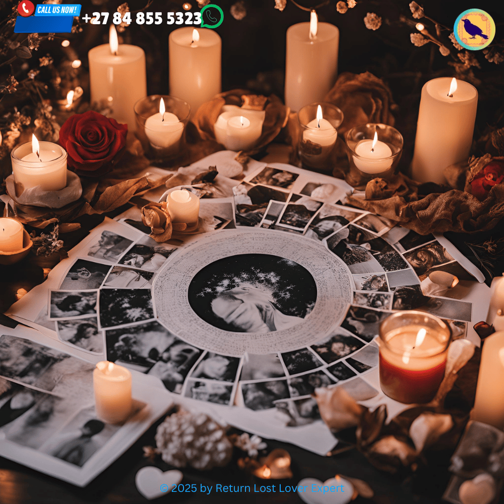 A vision board filled with images and symbols of love, surrounded by candles and a full moon in the background, illustrating the process of attracting a soulmate with an eternal love spell. (1)