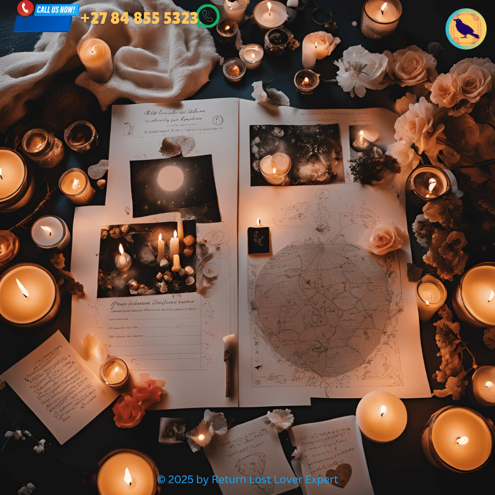 A vision board filled with images and symbols of love, surrounded by candles and a full moon in the background, illustrating the process of attracting a soulmate with an eternal love spell.