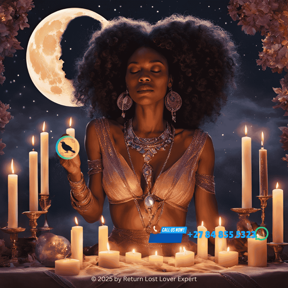 a woman performing a love spell under the moonlight: A solitary figure surrounded by candles and crystals, harnessing the energy of the moon for a love spell.