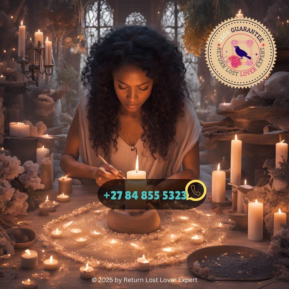 A woman surrounded by candles, crystals, herbs, and paper   is focused and determined, with a look of concentration on their face as they prepare to perform the ritual.