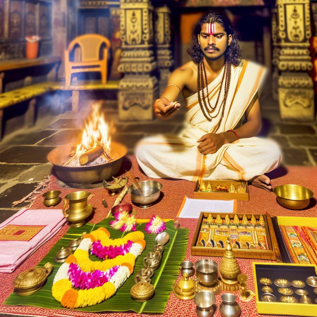 A Hindu priest performing a tantric love ritual with sacred mantras and offerings