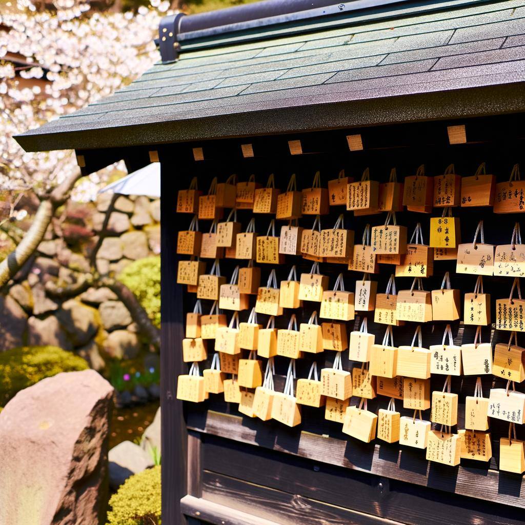 A Japanese shrine with ema plaques where people have written their wishes for love and relationships